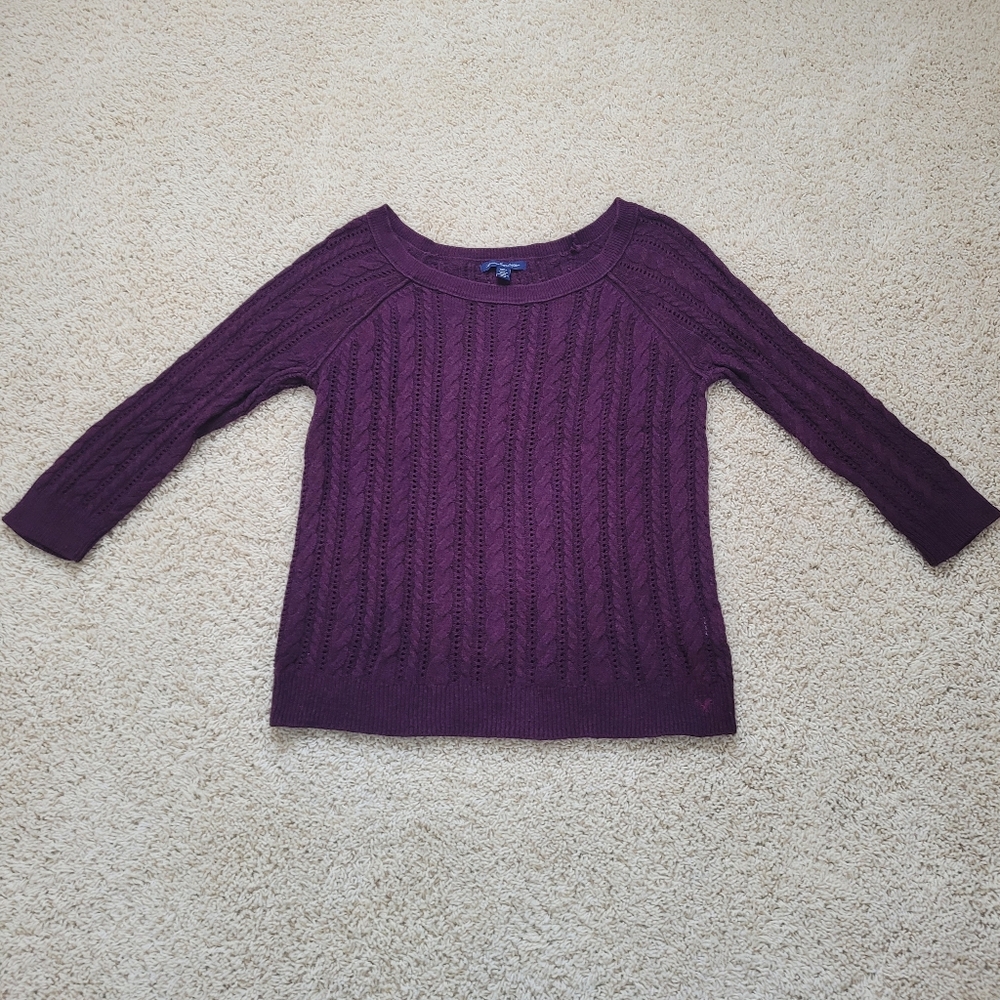 American Eagle Outfitters Plum Purple Open Knit 3/4 Sleeve Sweater XS